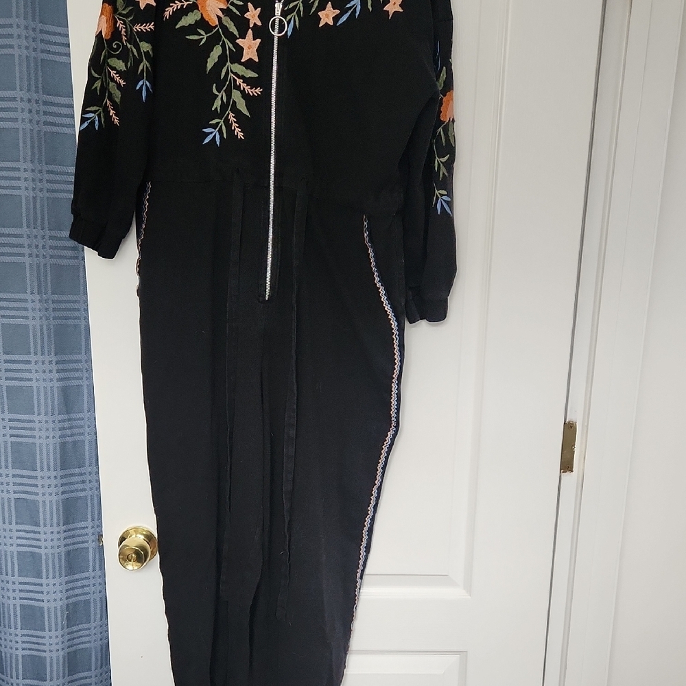 Black Jumpsuit with Floral Embroidery